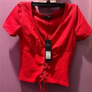 Fashion Nova Bright Red Lace-Up V-Neck Crop Tee
